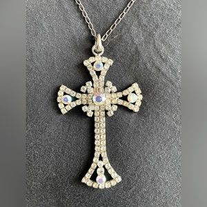 ASAP Silvery long adjustable necklace with sparkly gems encrusted cross. OS
